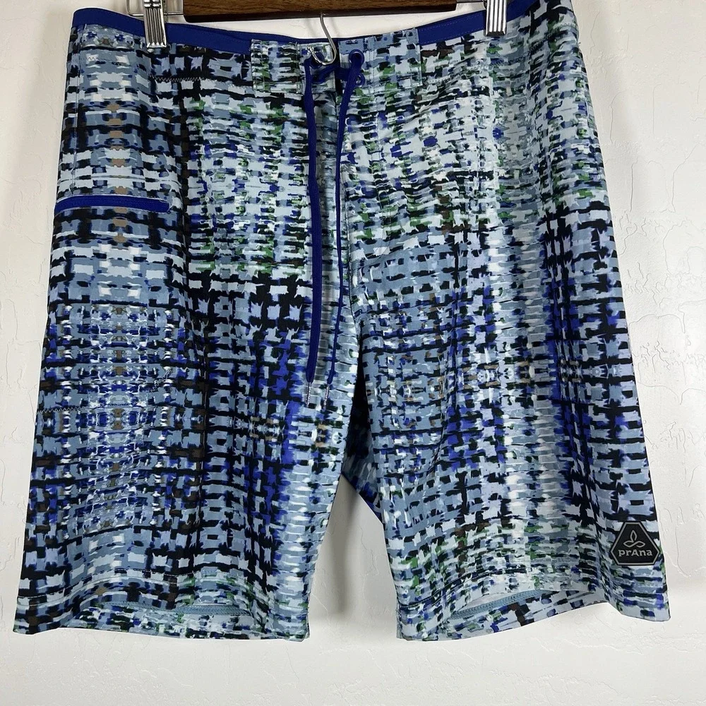 Prana Catalyst Board Shorts Men 33 Blue 4-Way Stretch Side Stash Pocket UPF 50+